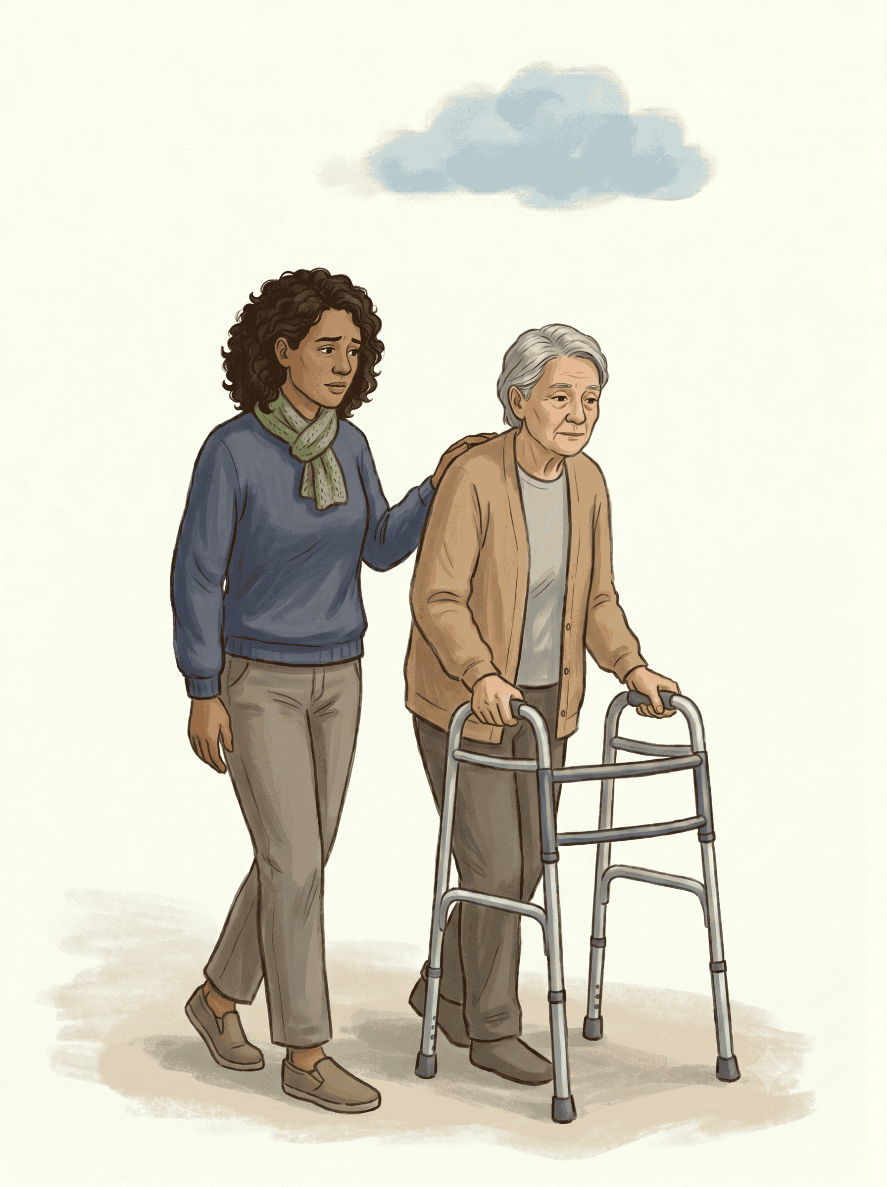 A caregiver walking alongside an older adult using a walker