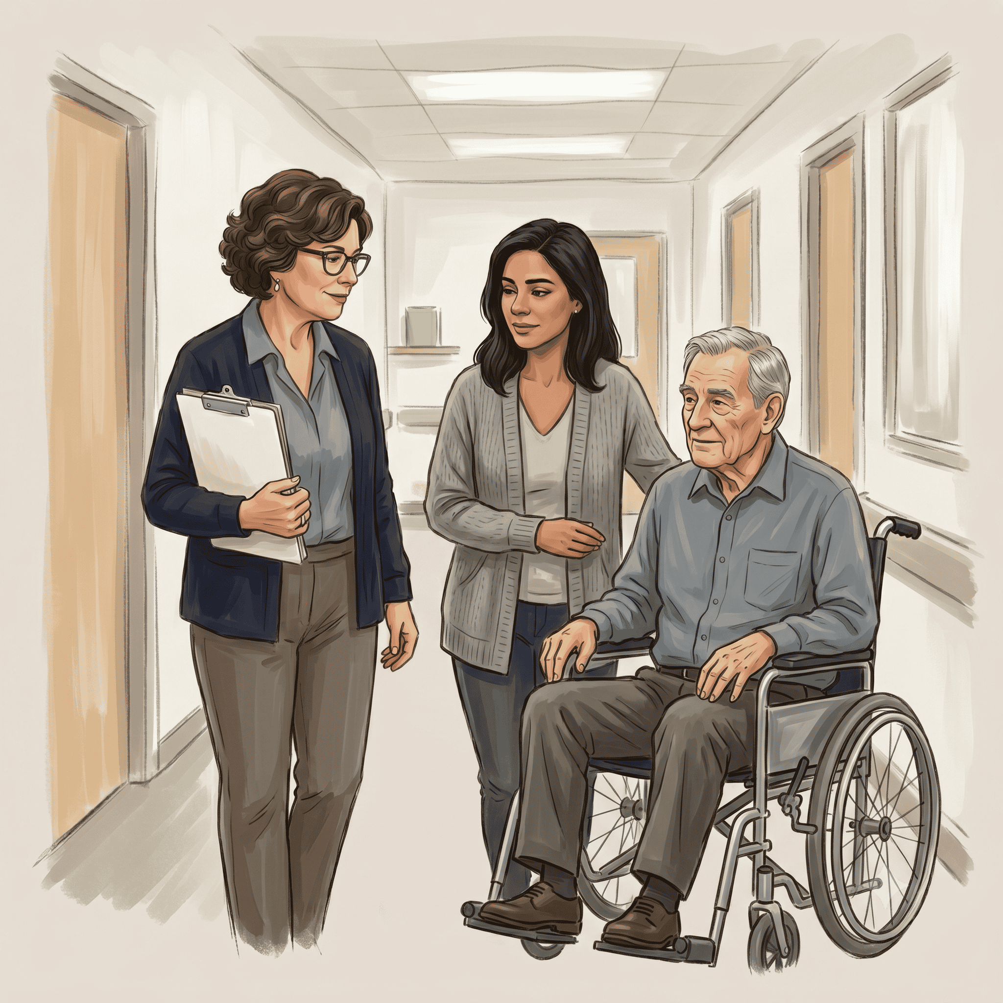 An advocate and family member speaking with a client in a wheelchair